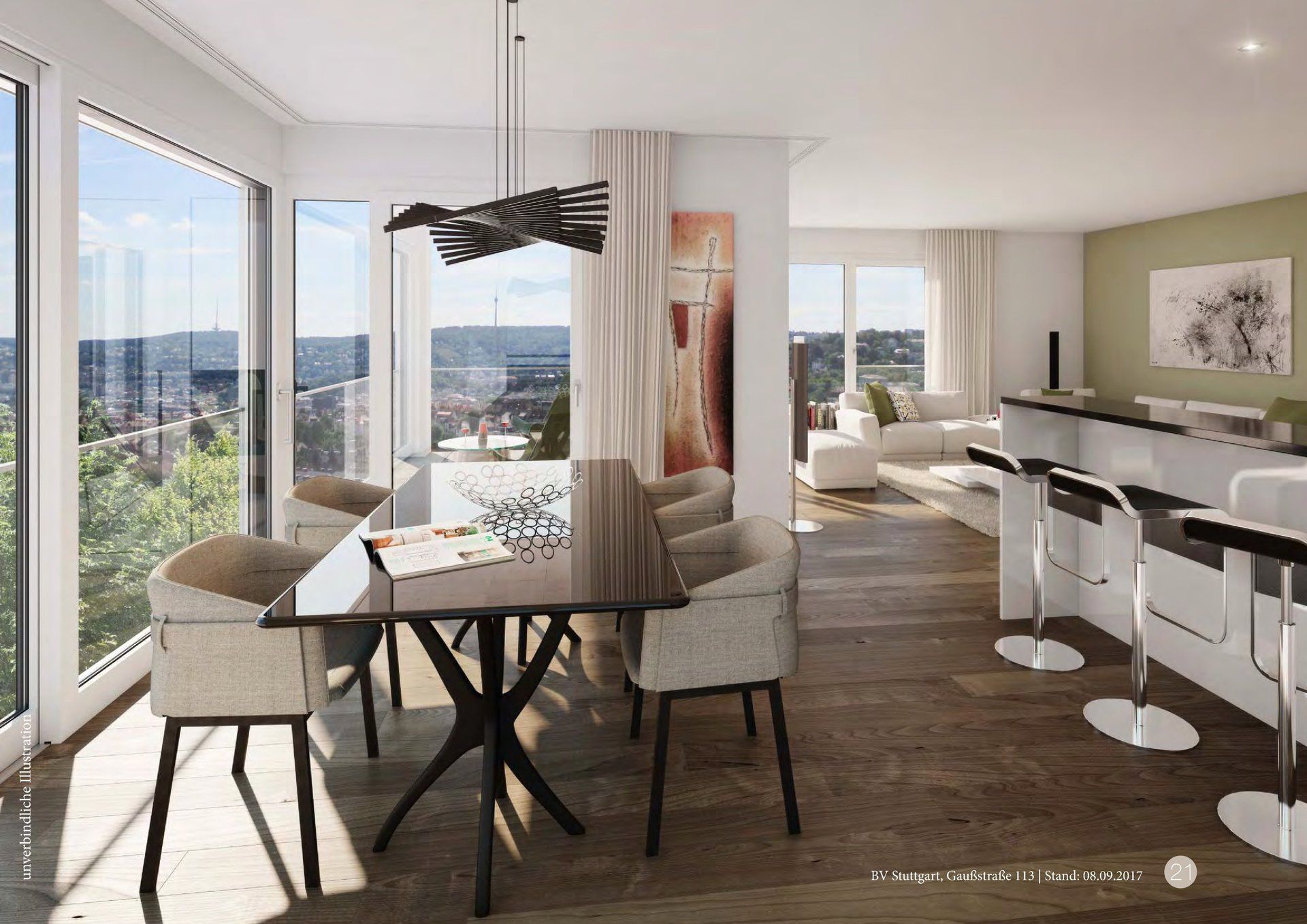 An artist 's impression of a dining room with a table and chairs
