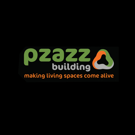 The piazza building logo is green and orange on a black background.