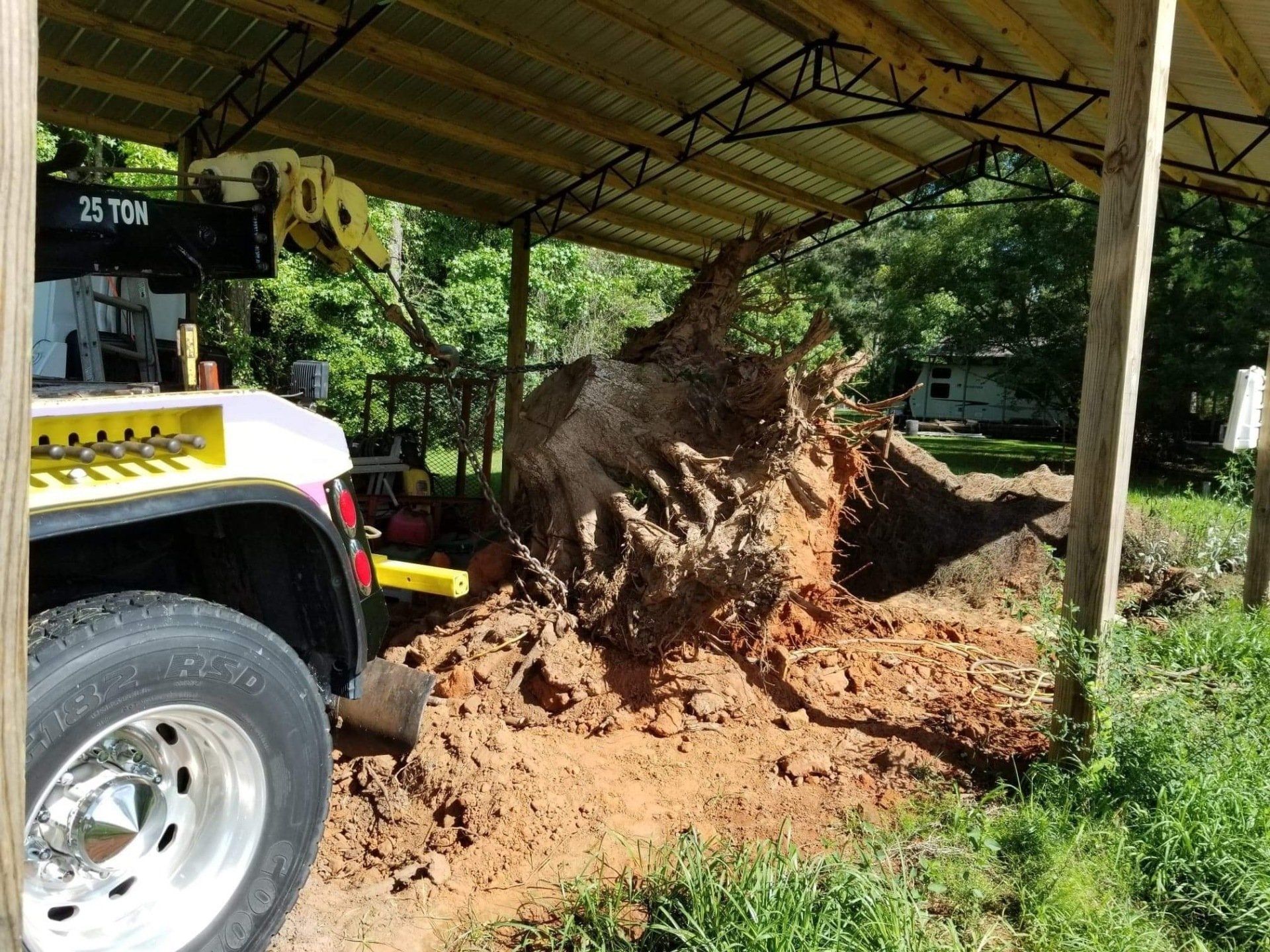 A tow truck lifting a large tree root system. Dirt surrounds the roots under a wooden structure.