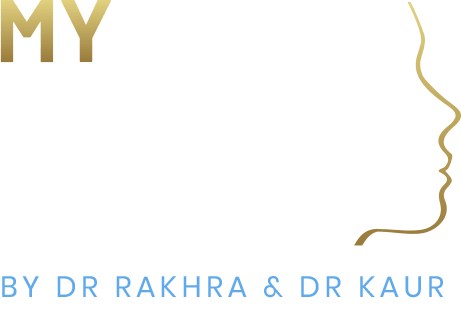 The logo for my by dr. rakhra and dr. kaur shows a woman 's face.