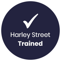 A blue circle with the words harley street trained on it.