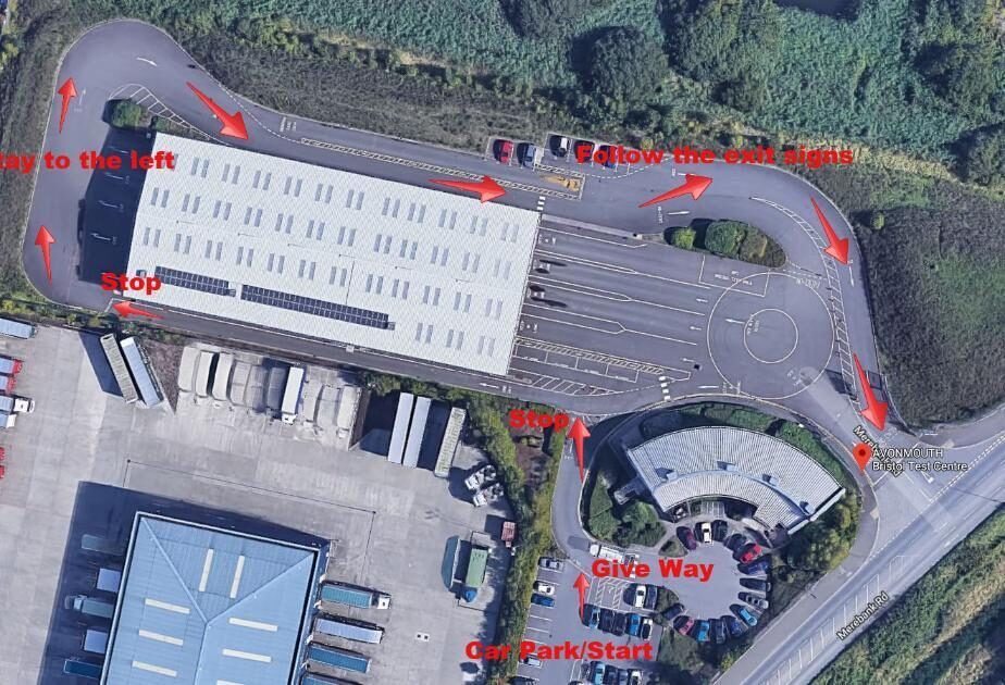 A Class Driving School, Bristol | An aerial view of a parking lot with arrows pointing to different directions