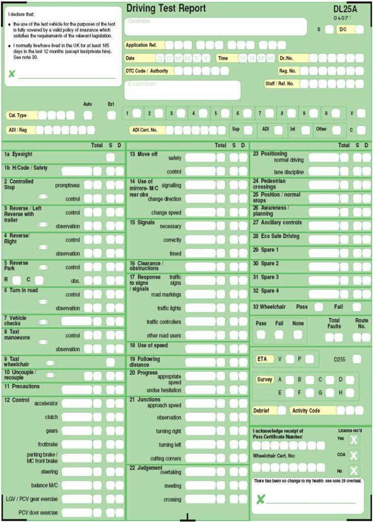 A Class Driving School, Bristol | A green and white driving test report form