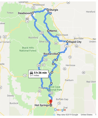 A map showing the route of a trip to hot springs