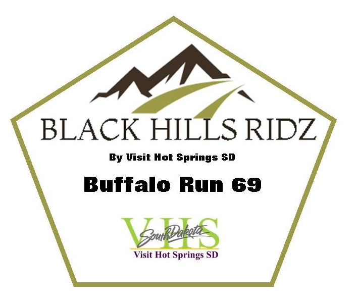 A logo for the black hills ridz buffalo run 69 sponsored by visit hot springs sd