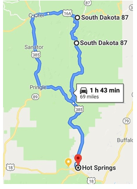 A map showing the route to hot springs in south dakota