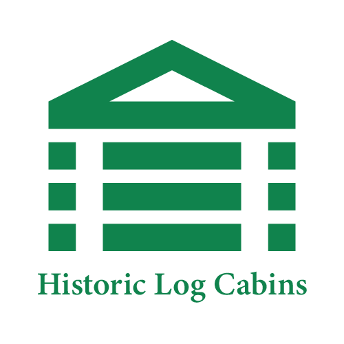 The logo for historic log cabins is green and white.