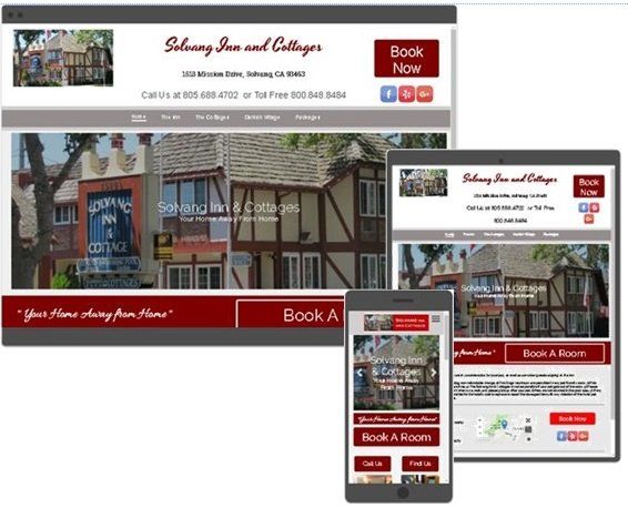 A website for Solvang inn and cottage is shown on a tablet and phone