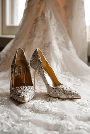 A pair of wedding shoes are sitting on a bed next to a wedding dress.