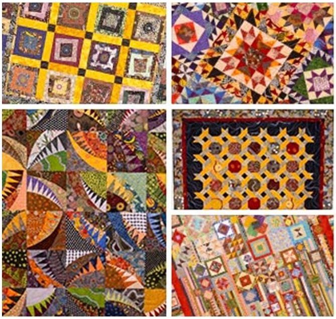 A collage of quilts with different patterns and colors
