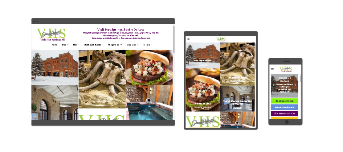 A screenshot of Visit Hot Springs SD  website on a tablet and a phone.