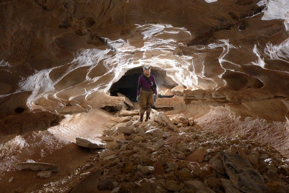 A man in a purple shirt is standing in a cave