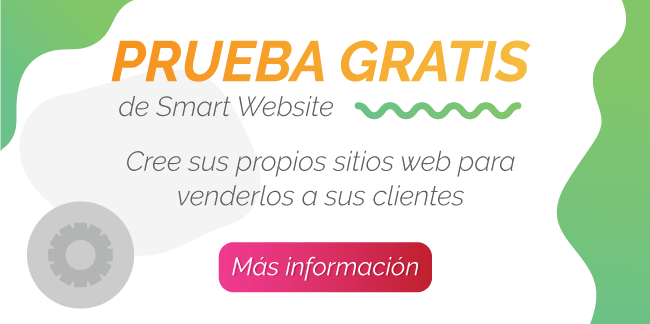 Gráfico promocional de Smart Website que ofrece una prueba gratuita para crear y vender sitios web, con un botón de