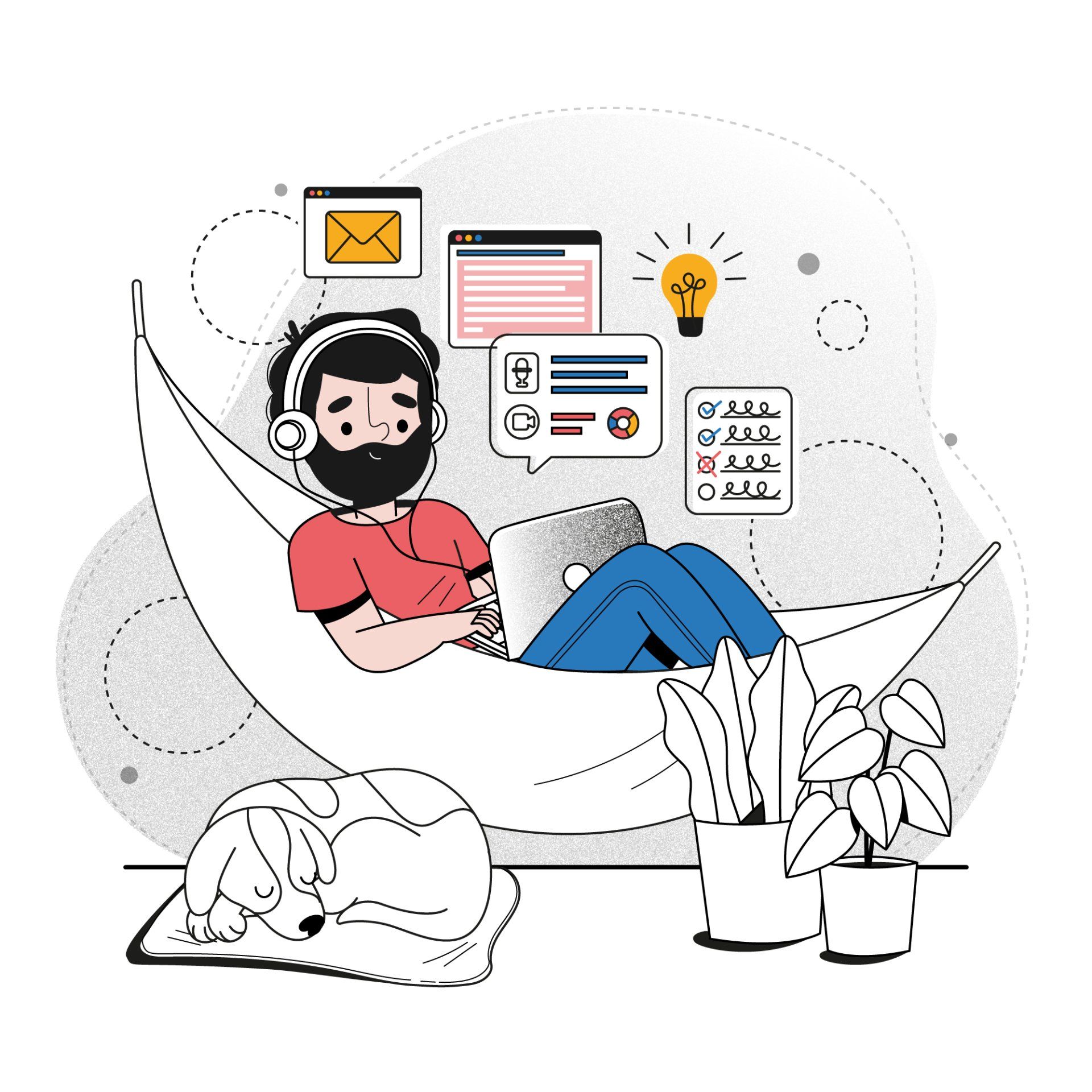 Una persona con auriculares trabaja en un portátil en una hamaca, con un perro durmiendo y plantas cerca, rodeada de iconos de la interfaz de usuario.