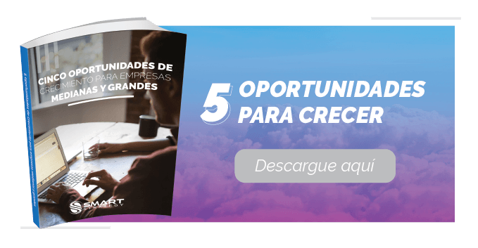 Banner promocional con la portada de un libro electrónico que muestra a una persona trabajando en un escritorio junto al texto: 5 Oportunidades para crecer.