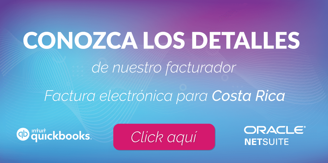 Anuncio de facturación electrónica para Costa Rica, con los logotipos de QuickBooks y Oracle NetSuite y un botón rosa que dice 