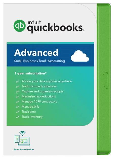 Caja del software QuickBooks Advanced. Diseño verde y blanco con lista de funciones en azul y verde.