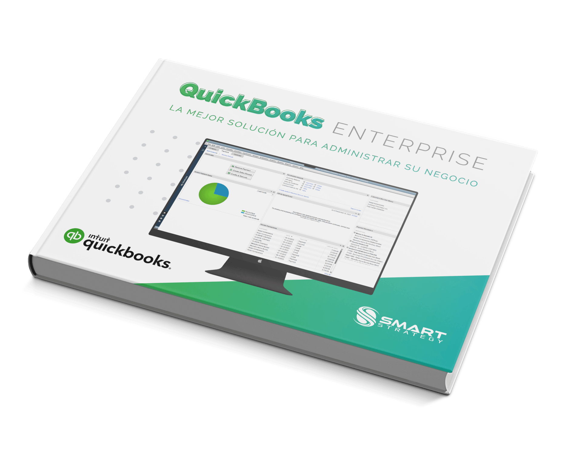 Caja de producto para QuickBooks Enterprise, que muestra un monitor de ordenador con un panel de control sobre un fondo blanco y verde.