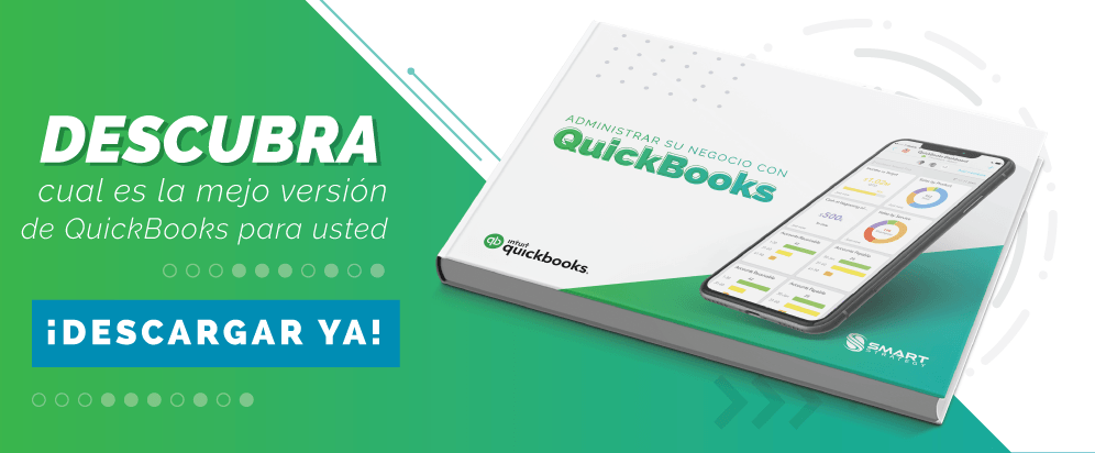 Banner promocional de QuickBooks con un teléfono inteligente que muestra la interfaz de la aplicación, texto en español y un botón de descarga.