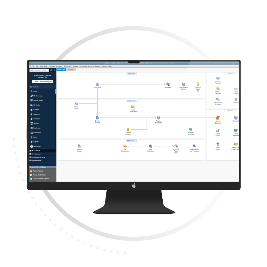 Monitor que muestra un diagrama de flujo de trabajo con íconos interconectados, probablemente representando procesos de software.