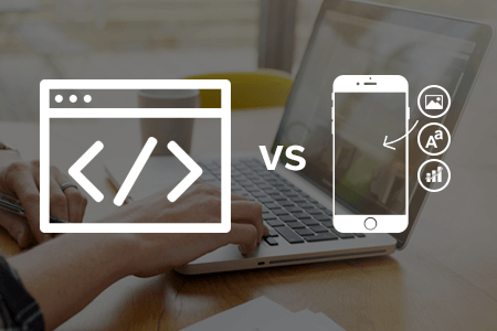 Darrollo de aplicaciones móviles: portátil con ícono de código vs. teléfono inteligente con íconos de diseño.