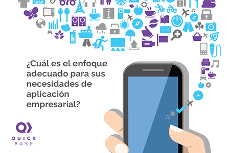 Una mano sostiene un teléfono inteligente, con una nube de iconos azules y morados flotando sobre él, junto al logotipo de Quick Base.