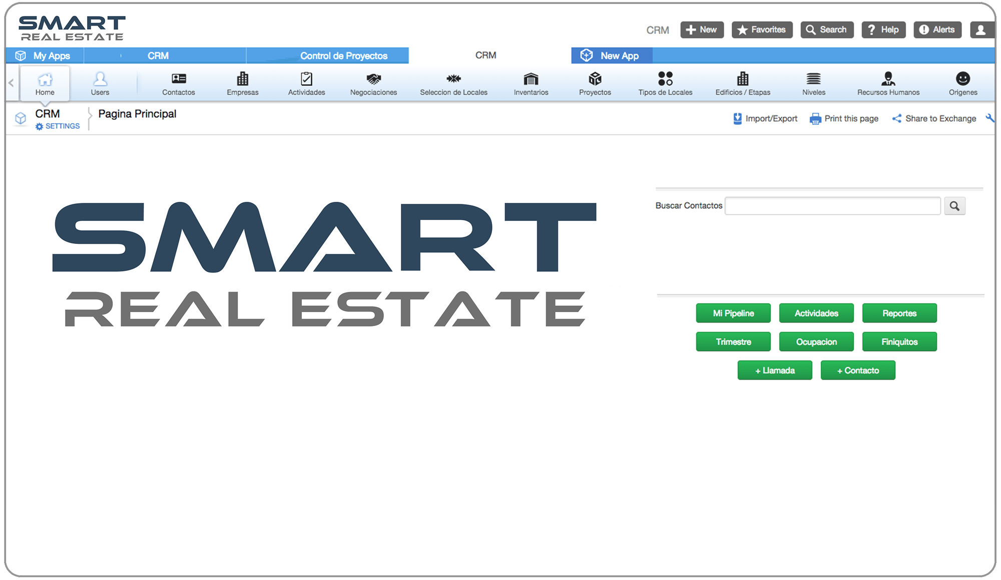 Logotipo de SMART REAL ESTATE con interfaz de software, botones y barra de búsqueda.