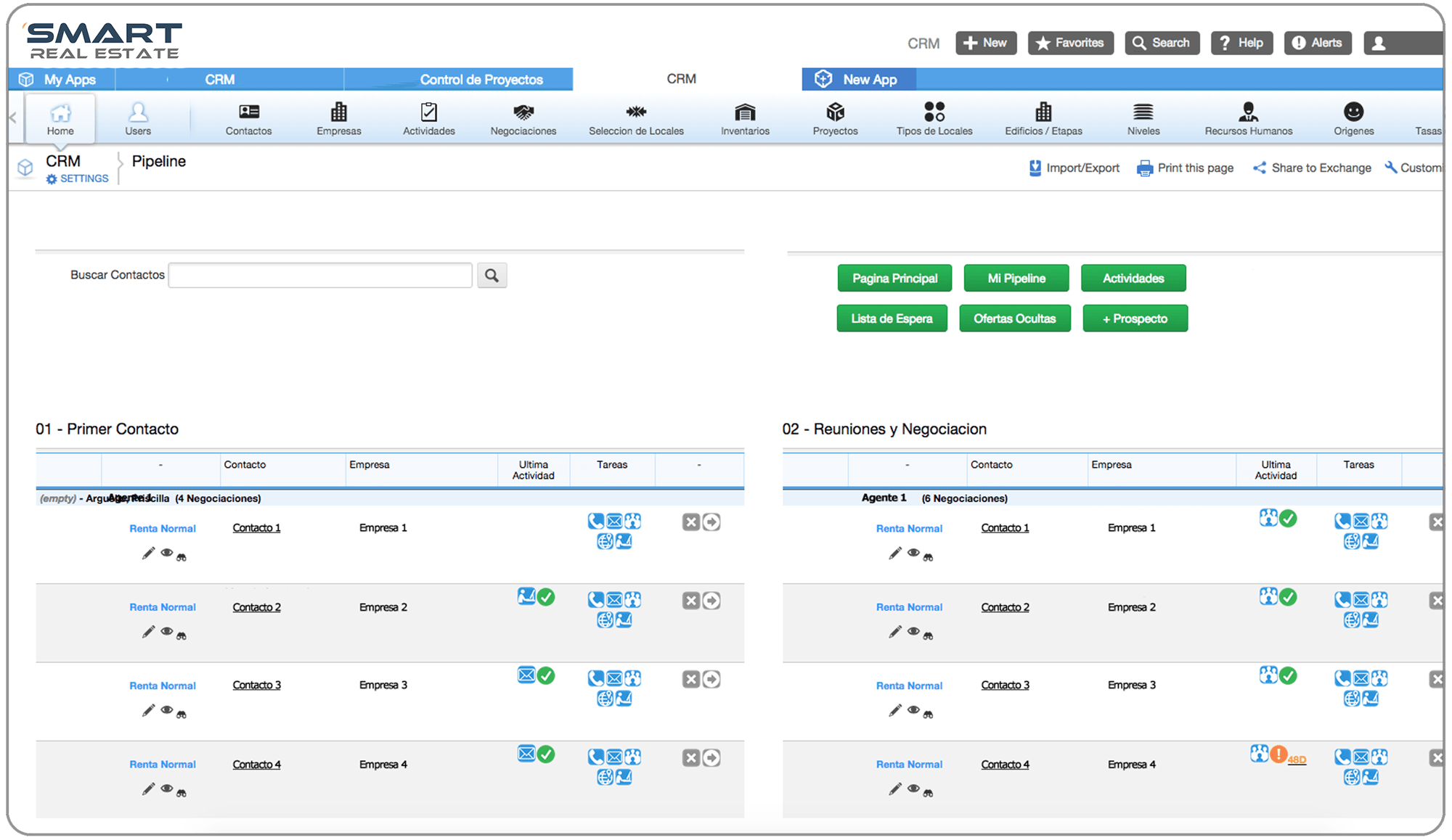Interfaz web SMART con tablas, botones verdes y entradas de datos.