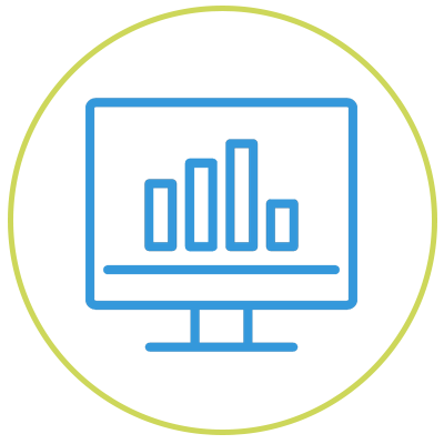 Icono azul de un monitor de ordenador con un gráfico de barras en la pantalla dentro de un fino círculo amarillo.