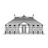 A black and white drawing of a building with arched windows and a roof.