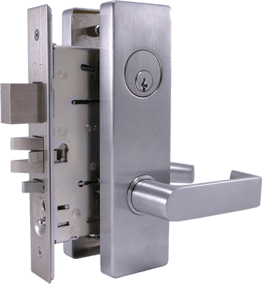 A stainless steel door lock with a key on it