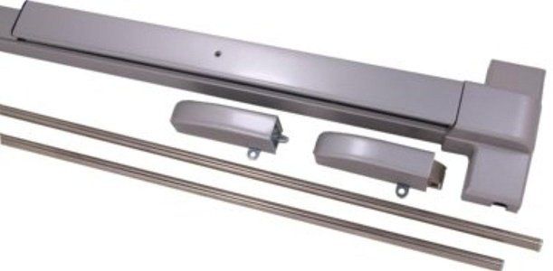 A close up of a stainless steel door handle on a white background.