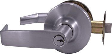 A close up of a door handle with a key in it on a white background.