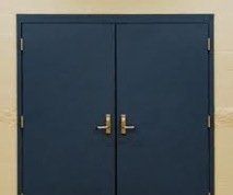 A pair of black double doors with gold handles on a wooden wall.