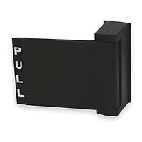 A black door handle with the word pull on it.
