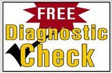 Free diagnostic check sign with bold yellow and red lettering on a white background