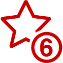 Estrella de contorno rojo con un número 6 dentro de un círculo sobre un fondo blanco.