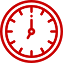 Icono de reloj analógico rojo con contorno rojo y manecillas sobre fondo blanco.