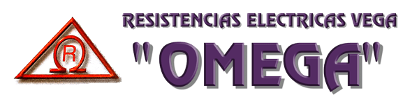 Logo de Resistencias Eléctricas Vega “OMEGA” con símbolo triangular rojo y texto morado sobre fondo blanco