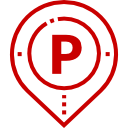 Icono de marcador rojo en el mapa con un círculo blanco y la letra P roja en negrita en su interior.