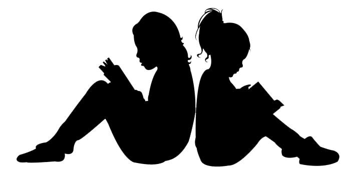 Two children sit back-to-back, reading books. Black silhouette on white background.