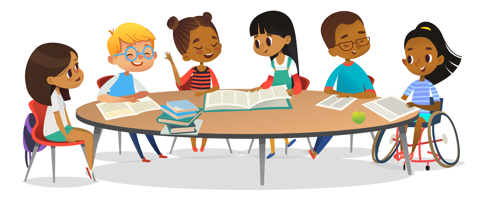 Children of diverse backgrounds gather around a table, reading and studying together. One child uses a wheelchair.