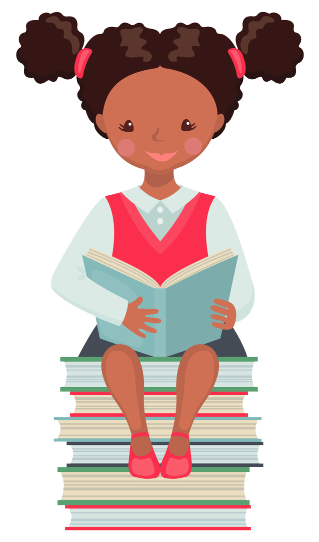 Girl with brown pigtails reading a blue book while sitting on a stack of books.