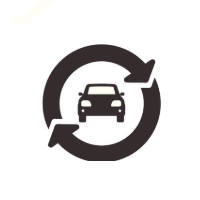 Voiture à l'intérieur d'une flèche circulaire, symbolisant le retournement ou l'échange du véhicule.