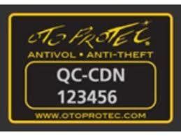 Autocollant OTO Protec noir et or avec texte « QC-CDN 123456 » et « ANTIVOL • ANTI-THEFT ».