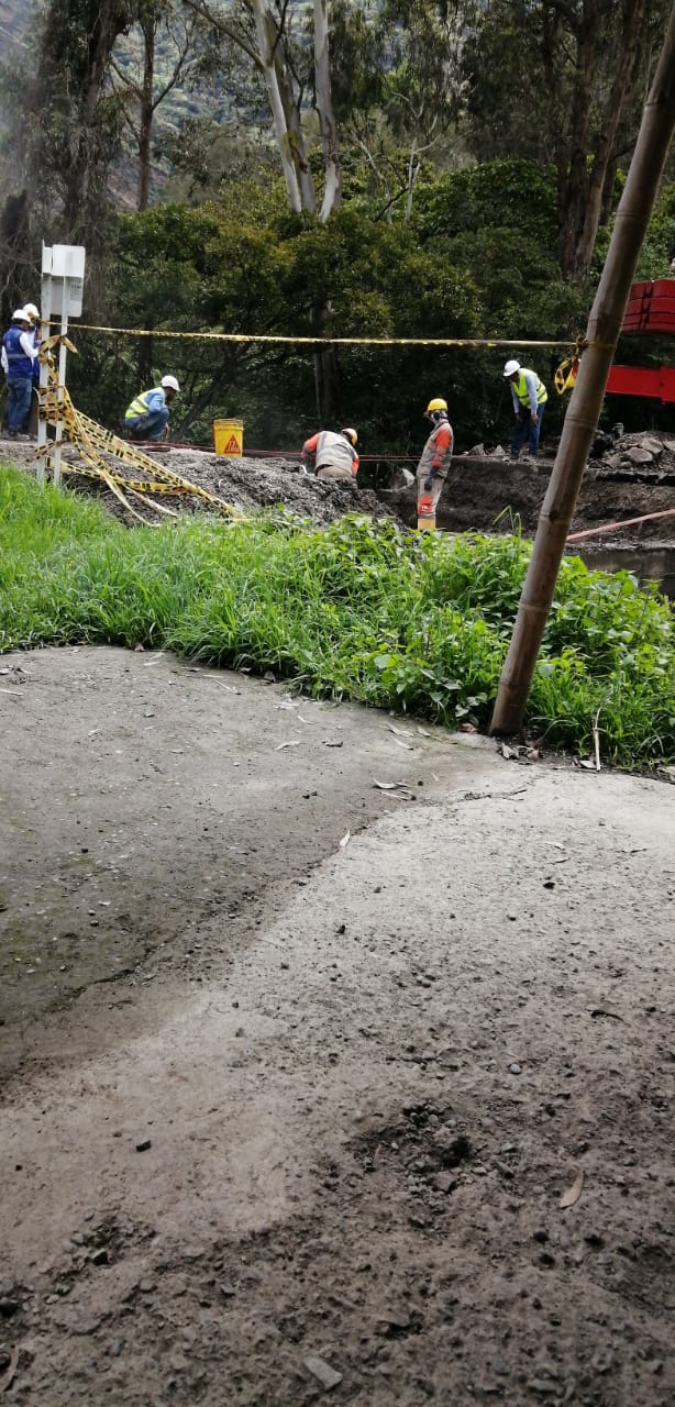 Trabajadores reparando una carretera junto a una zanja cubierta de hierba, con árboles y maquinaria de construcción al fondo.