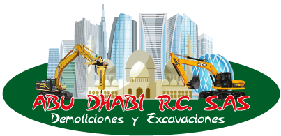 Logotipo de ABU DHABI RG, servicios de demolición y excavación de SAS, con excavadoras y el perfil urbano de la ciudad.