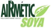 Logo vert AIRMÉTIC SOYA avec motif de feuille et texte « polyuréthane cyclé »