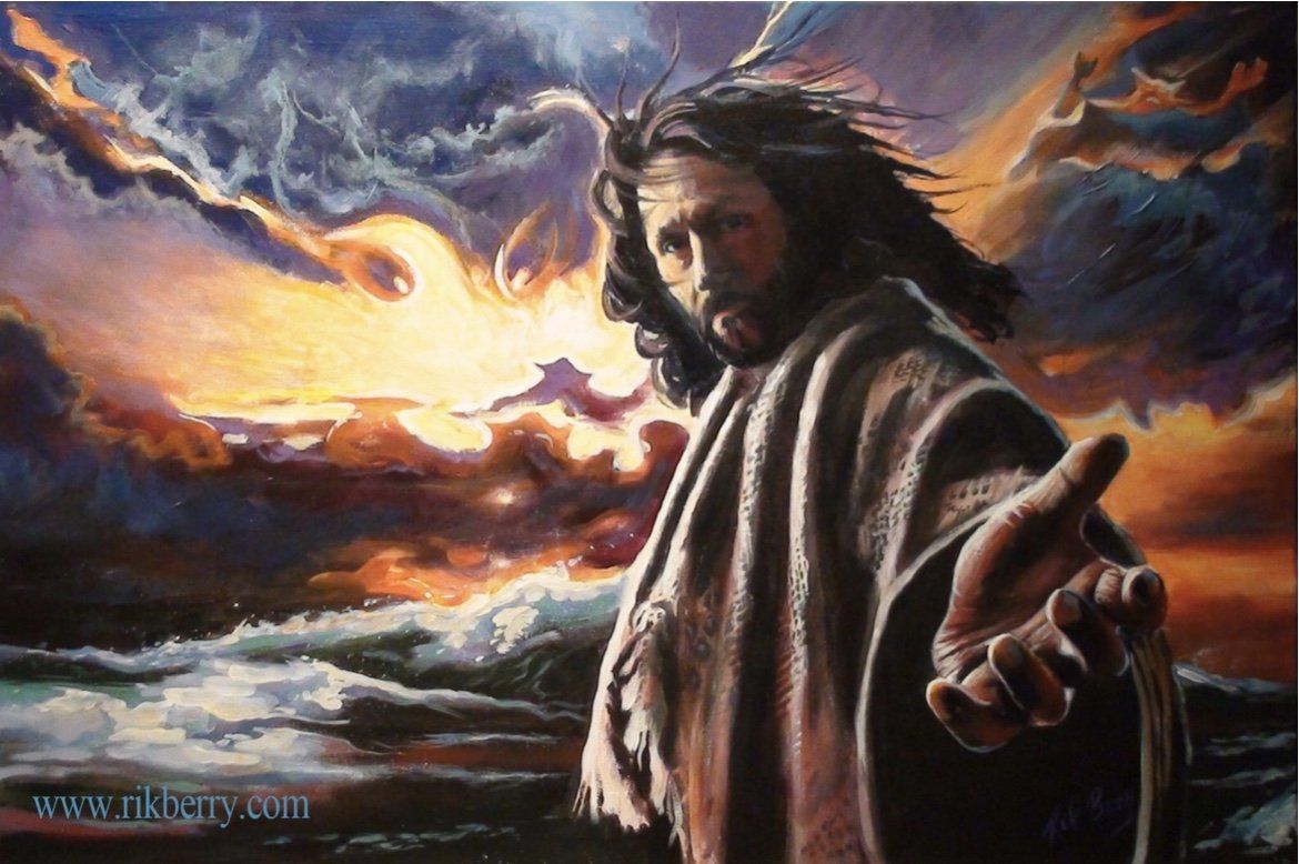 Jesus reaching out over stormy sea, sunset sky.