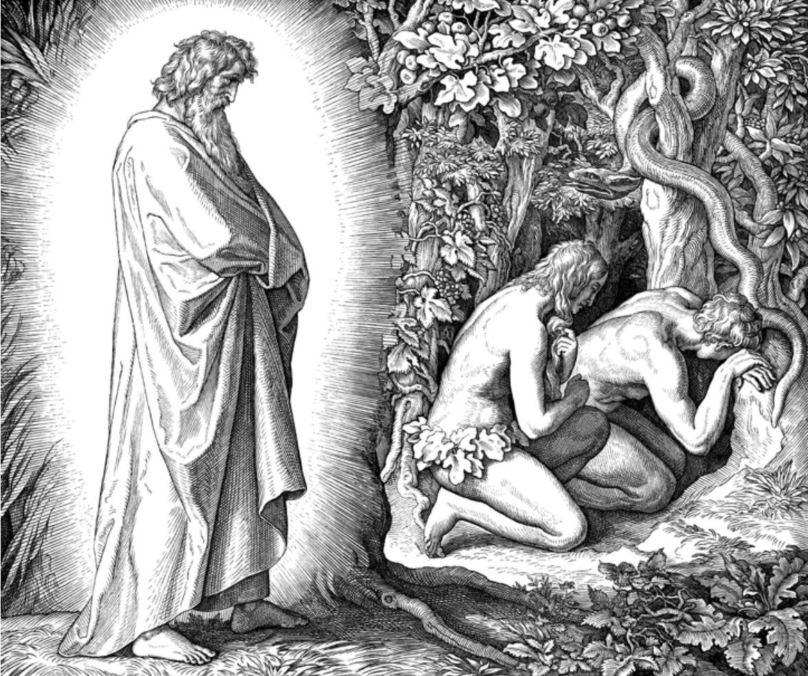 God observes Adam and Eve after the fall, with a snake coiled in the tree.